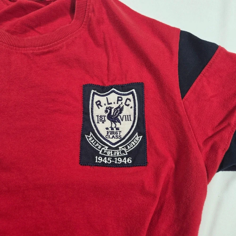 Polo Ralph Lauren Mens Red Black Stripe Sleeve Crest Graphic T-Shirt Large